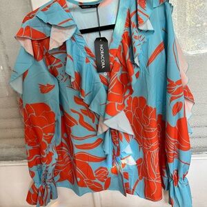 Women Blouse plants print Flounce sleeve Ruffle top size S